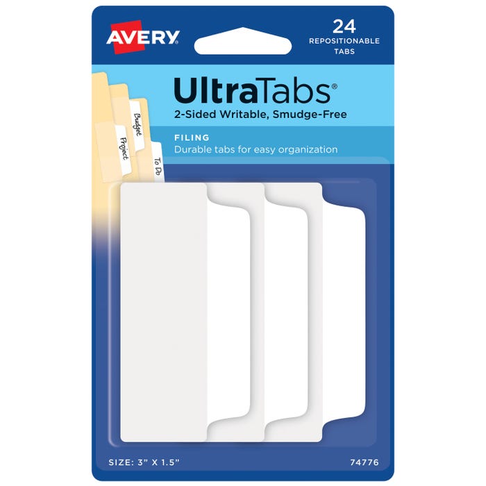Avery Repositionable UltraTabs, 3 x 1-1/2 Inches, White, Pack of 24