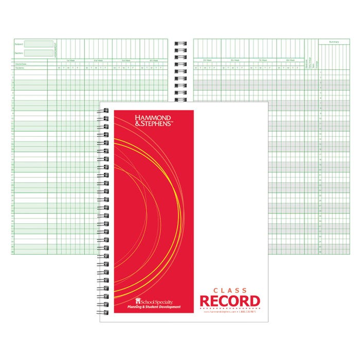 Hammond & Stephens Wire-O Bound Class Record Book, PolyIce Cover, 8-1/2 x 11 Inches, 36 Students, 6/7/8 Week, Blue/ Red