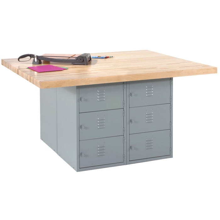 Diversified Spaces Forum Four-Station Industrial Arts Workbench with 12 Horizontal Lockers