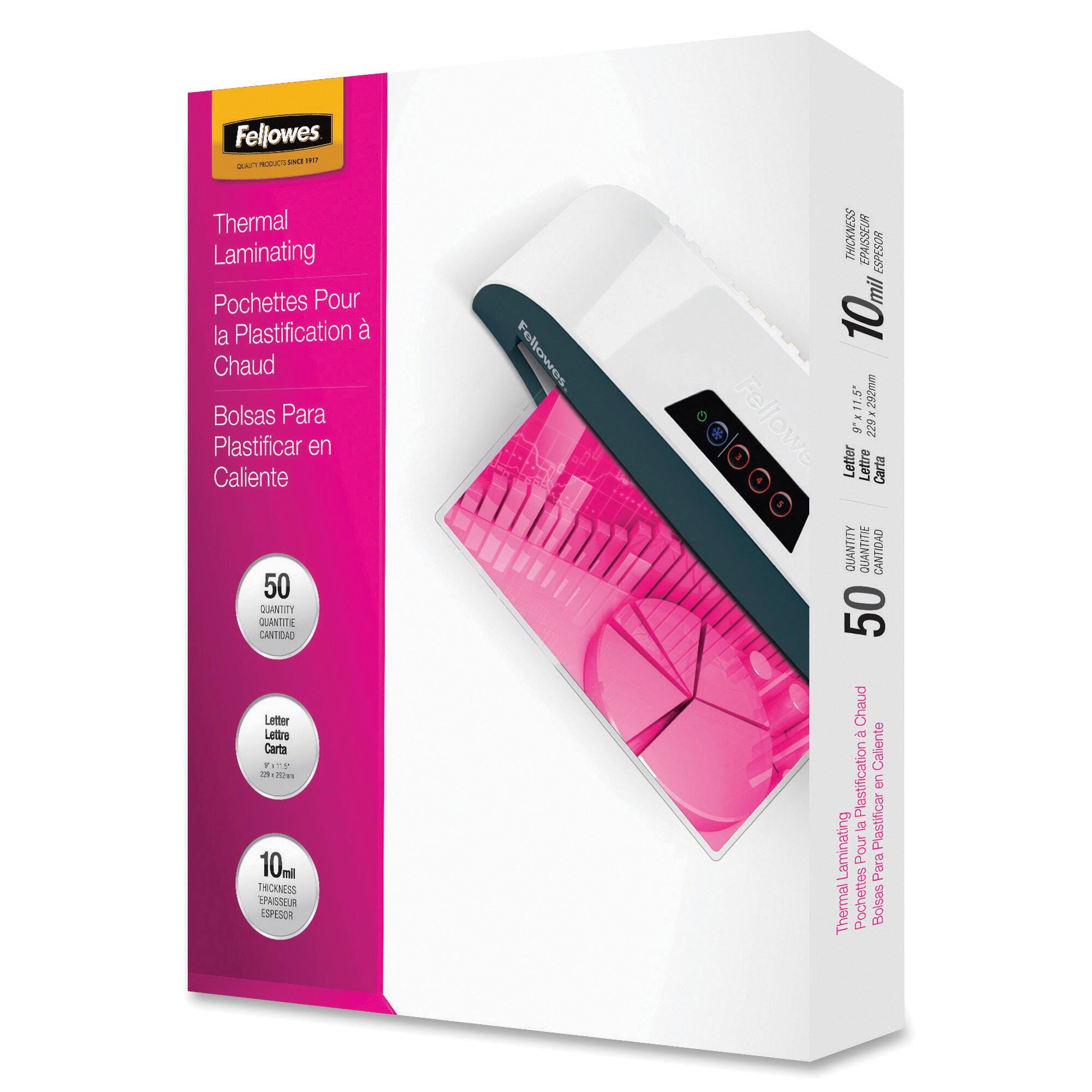 Fellowes Glossy Laminating Pouch, Letter, 10 mil Thickness, Clear, Pack of 50, Item Number 1102895