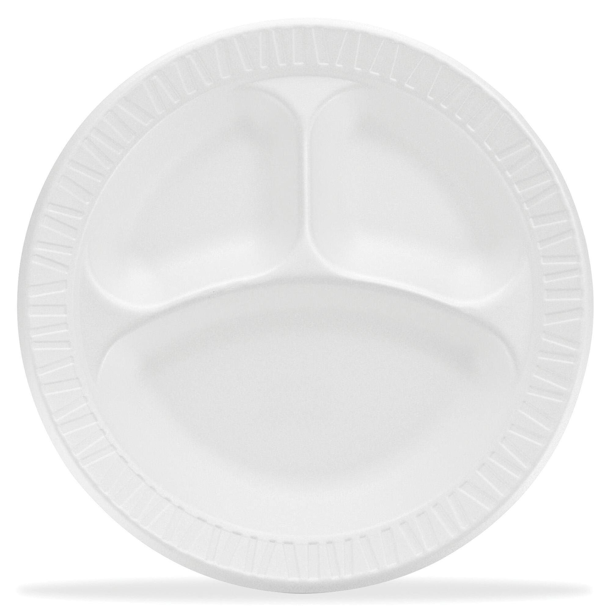 Dart Container Unlaminated Compartment Plate, 10 W in, Foam, White, Pack of 125, Item Number 1473399