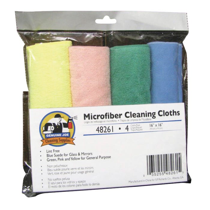 Genuine Joe General Purpose Microfiber Cleaning Cloth, 16 X 16 in, Assorted Colors, Pack of 4