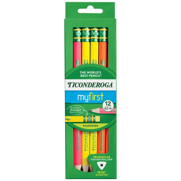 Ticonderoga My First Tri-Write Pencils, No 2 HB, Sharpened, Assorted Neon Colors, Pack of 12