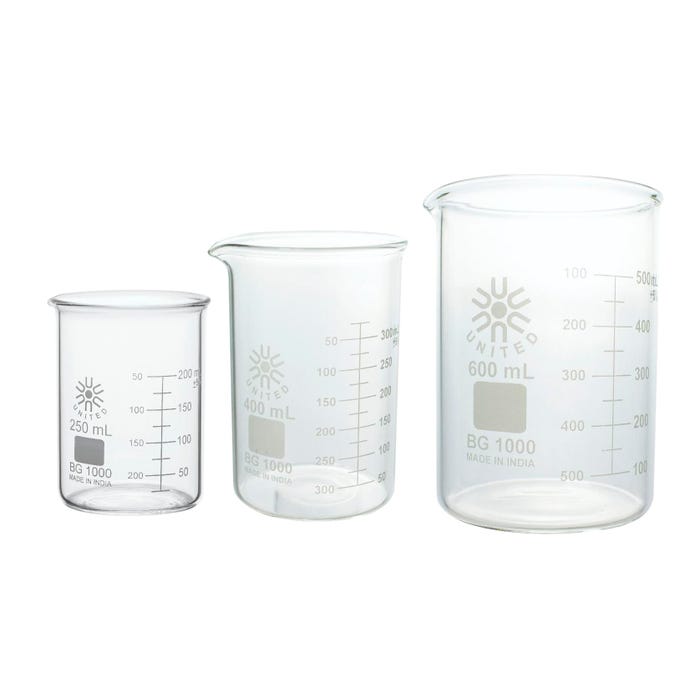 United Scientific Heavy-Duty Straight Wall Beakers, Borosilicate Glass, Assorted Sizes, Set of 3