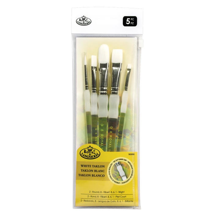 Royal & Langnickel Soft-Grip White Taklon Brushes, Assorted Sizes, Set of 5