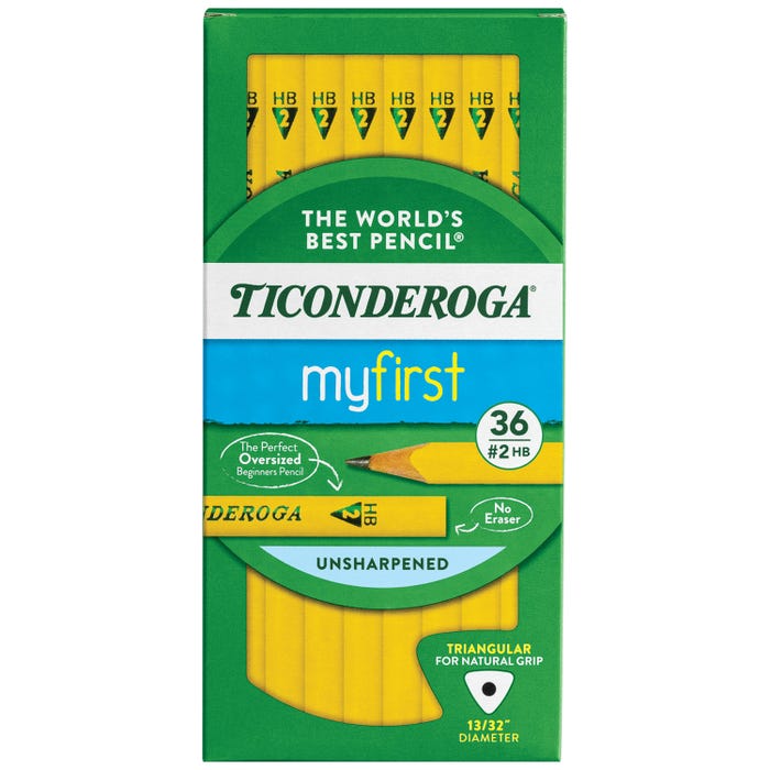 Ticonderoga My First Tri-Write Pencils, No 2 HB, Unsharpened, Without Erasers, Yellow, Pack of 36
