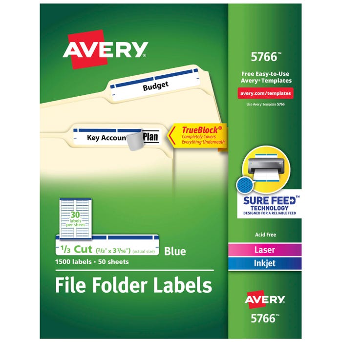 Avery Printable File Folder Labels, 2/3 x 3-7/16 Inches, Blue, Pack of 1500