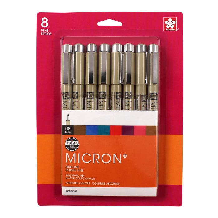 Sakura Pigma Micron, 0.8 mm Medium, Assorted Colors, Set of 8