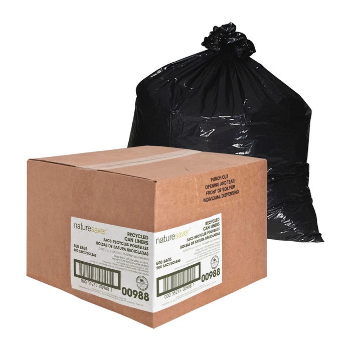 Nature Saver Low Density Recycled Can Liners, 16 Gallon, 0.85 mil, Black, 500 Count Box
