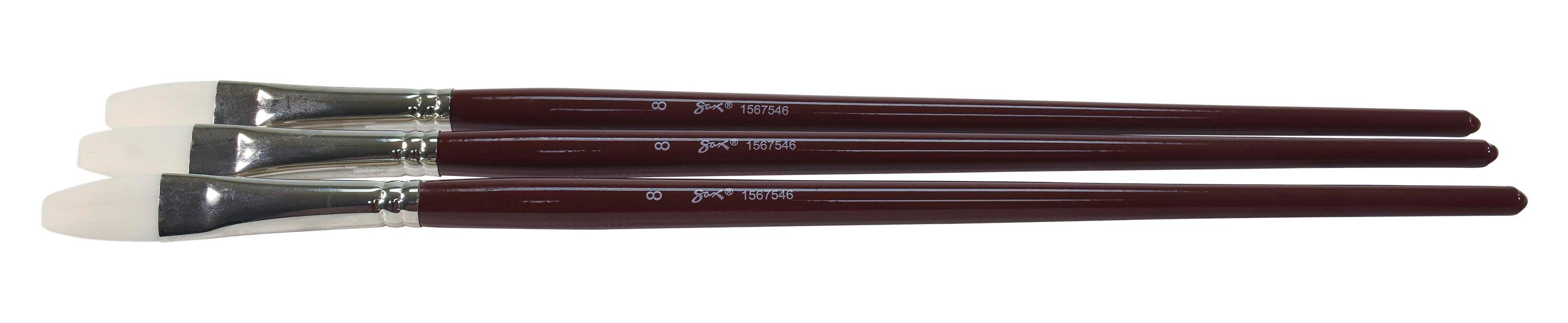 Sax Optimum White Synthetic Taklon Paint Brushes, Flat Type, Long Handle, Size 8, Set of 3 1567546