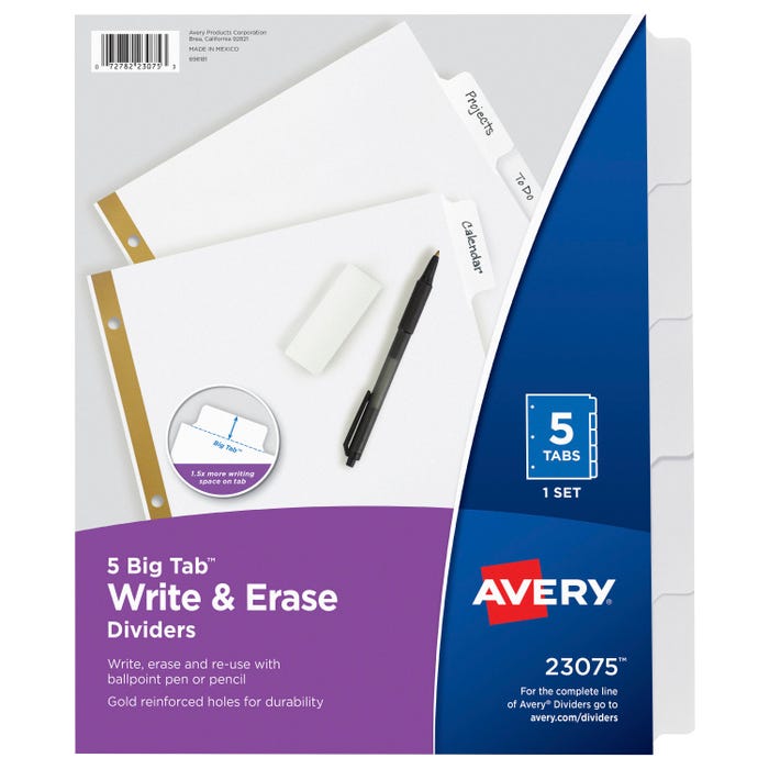 Avery 23075 Big Tab Write and Erase Dividers, 5 Tab, 8-1/2 x 11 Inches, White