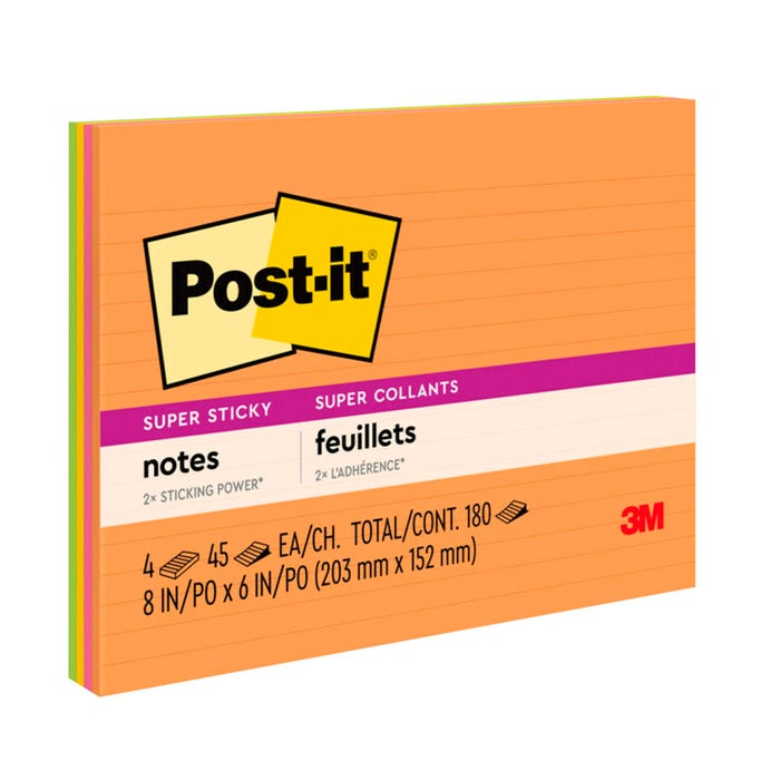 Post-it Super Sticky Large Lined Notes, 8 x 6 Inches, Energy Boost, Pack of 4