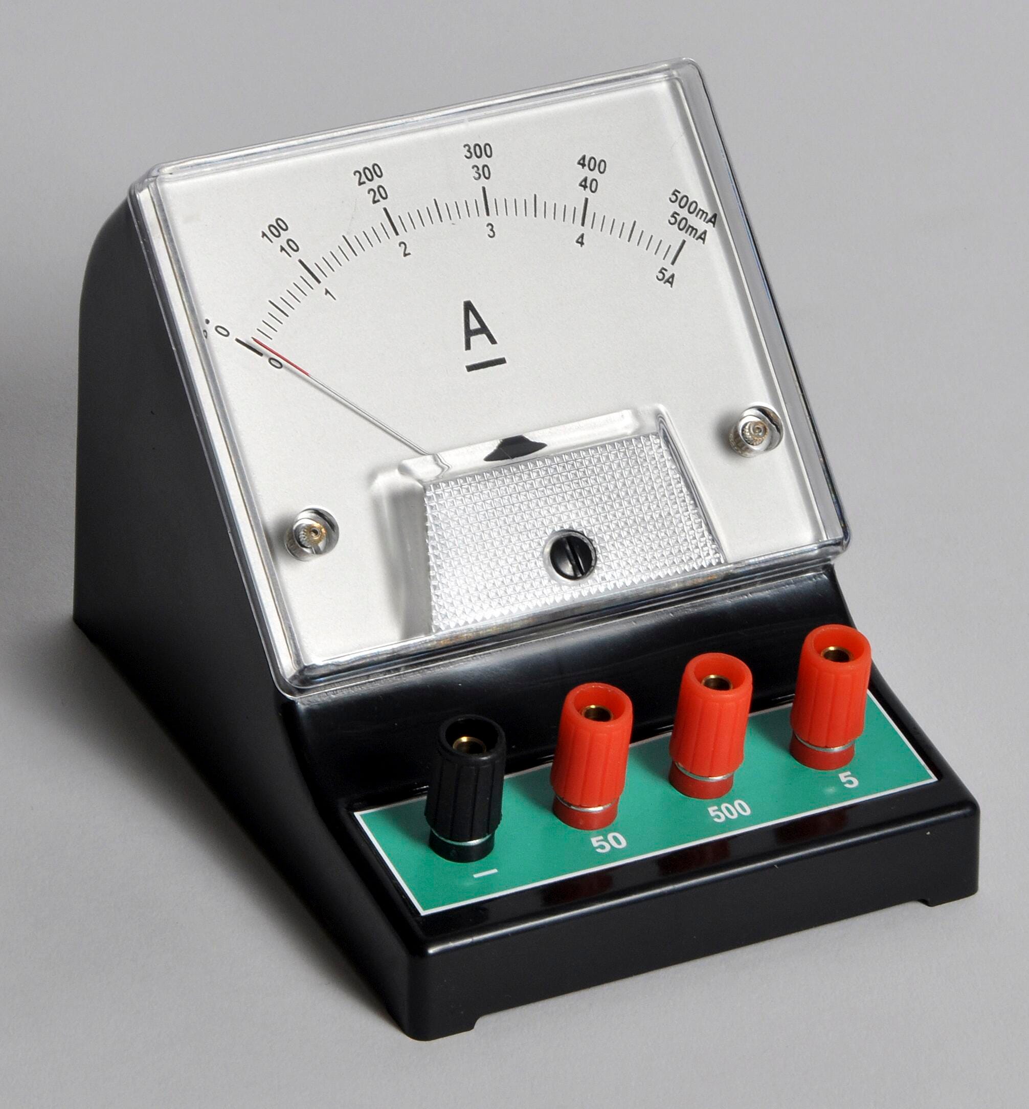 Frey Scientific Economy DC Ammeter Triple Range, 0-50mA (1mA); 0-500mA (10mA); 0-5A (0.1A), Item Number 584736
