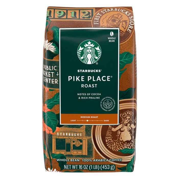 Starbucks Pike Place Medium Roast Whole Bean Coffee, 16 Ounce