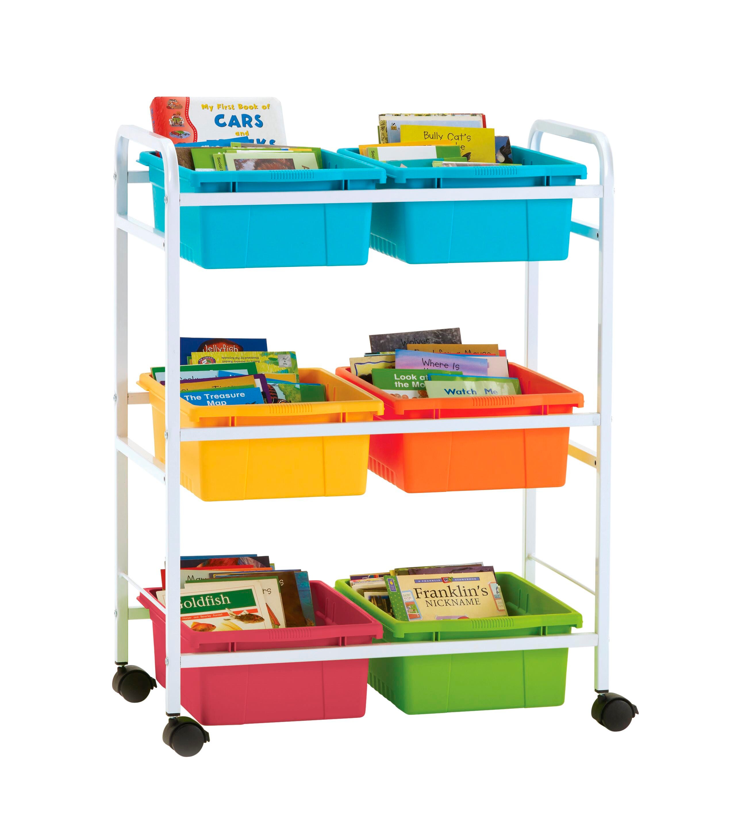 Copernicus Small Book Browser Cart with Vibrant Tubs, White Frame, 28 x 15-3/4 x 36-1/2 Inches, Item Number 2103021