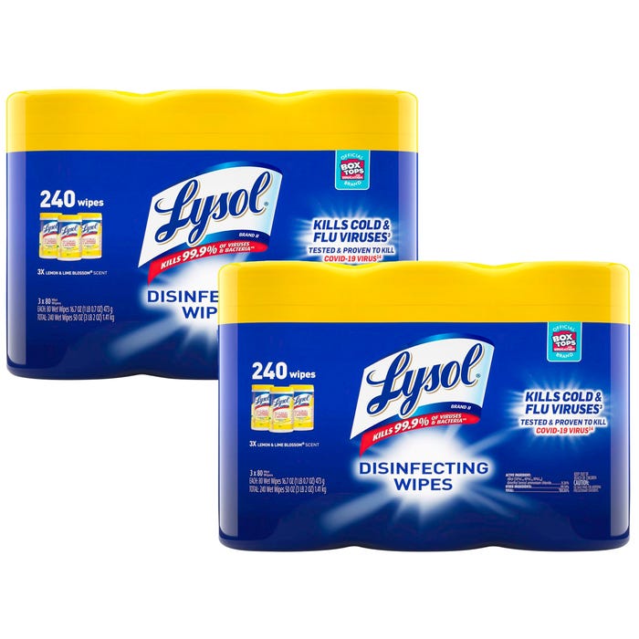 Lysol Disinfecting Wipes, Lemon and Lime Blossom Scent, 80 Count, 2 Packs with 3 Canisters, Case of 6