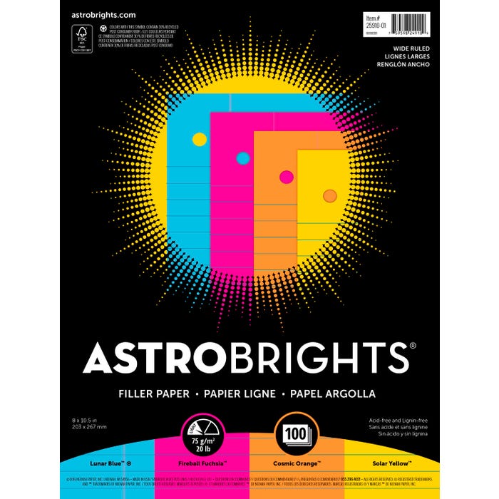 Astrobrights Filler Paper, 8 x 10-1/2 Inches, 20 lb, Assorted Colors, 100 Sheets
