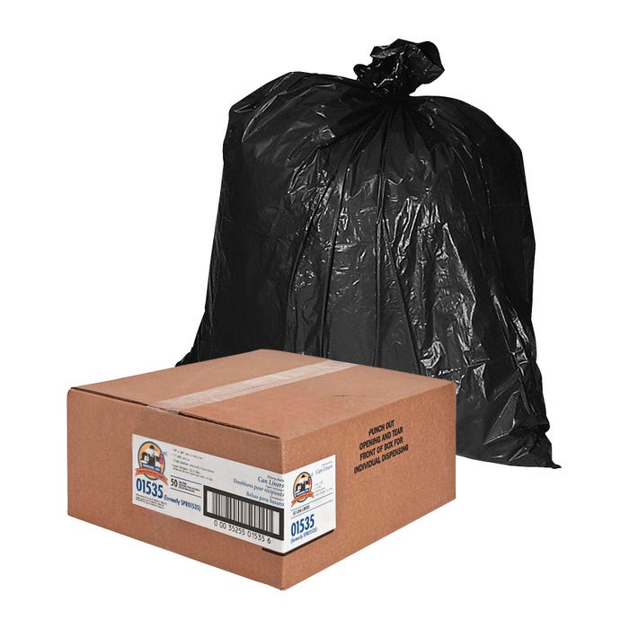 Genuine Joe Low Density Heavy Duty Can Liners, 60 Gallon, 1.50 mil, Black, Pack of 50