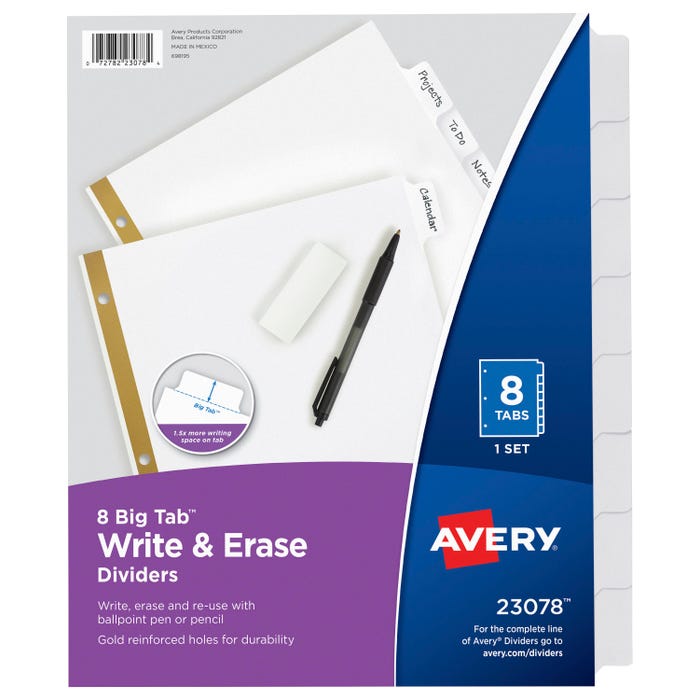 Avery 23078 Big Tab Write and Erase Dividers, 8 Tab, 8-1/2 x 11 Inches, White