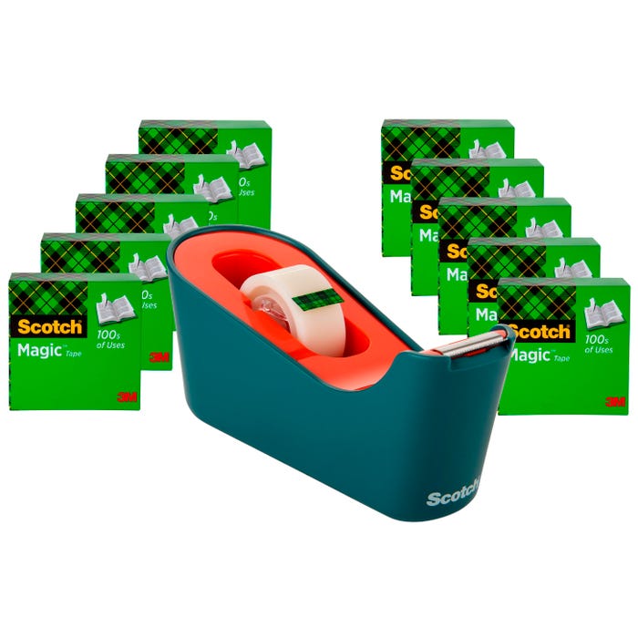 Scotch Classic Tape Dispenser with 10 Rolls of Tape, Sea Green/Coral