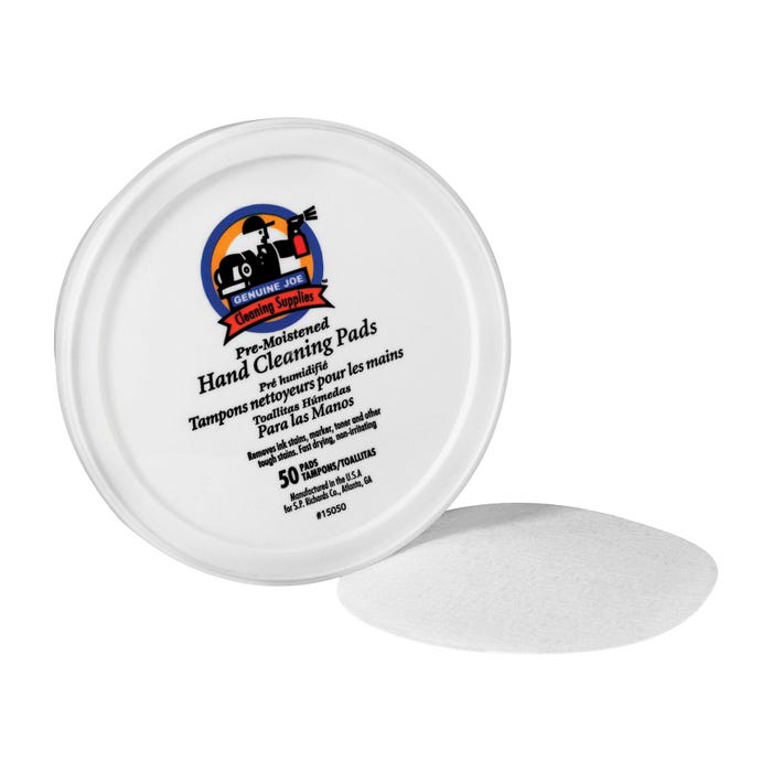 Genuine Joe Pre-Moistened Hand Cleaning Pad, 3 in Dia, Pack of 50