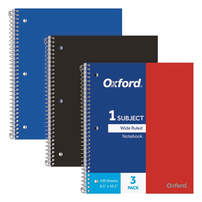 Oxford Poly 1-Subject Notebooks, Wide Ruled, 8-1/2 x 10-1/2 Inches, Assorted Colors, 100 Sheets, Pack of 3