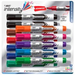 BIC Intensity Advanced Dry Erase Markers, Chisel Tip, Assorted Colors, Set of 12 1492310