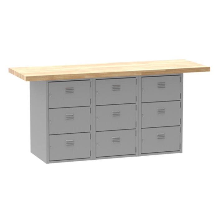 Diversified Spaces Wall and Island Bench with 9 Horizontal Lockers, 72 x 24 x 32-3/4 Inches, Maple Top, Gray Base