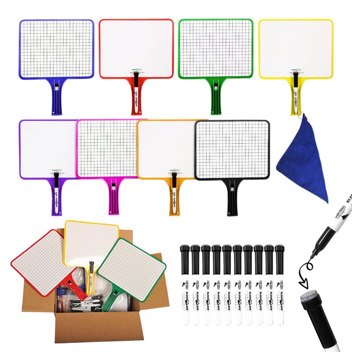 KleenSlate Rectangular Dry Erase Boards with Dry Erase Markers, Two-Sided, Graph/Plain, Assorted Colors, Pack of 10