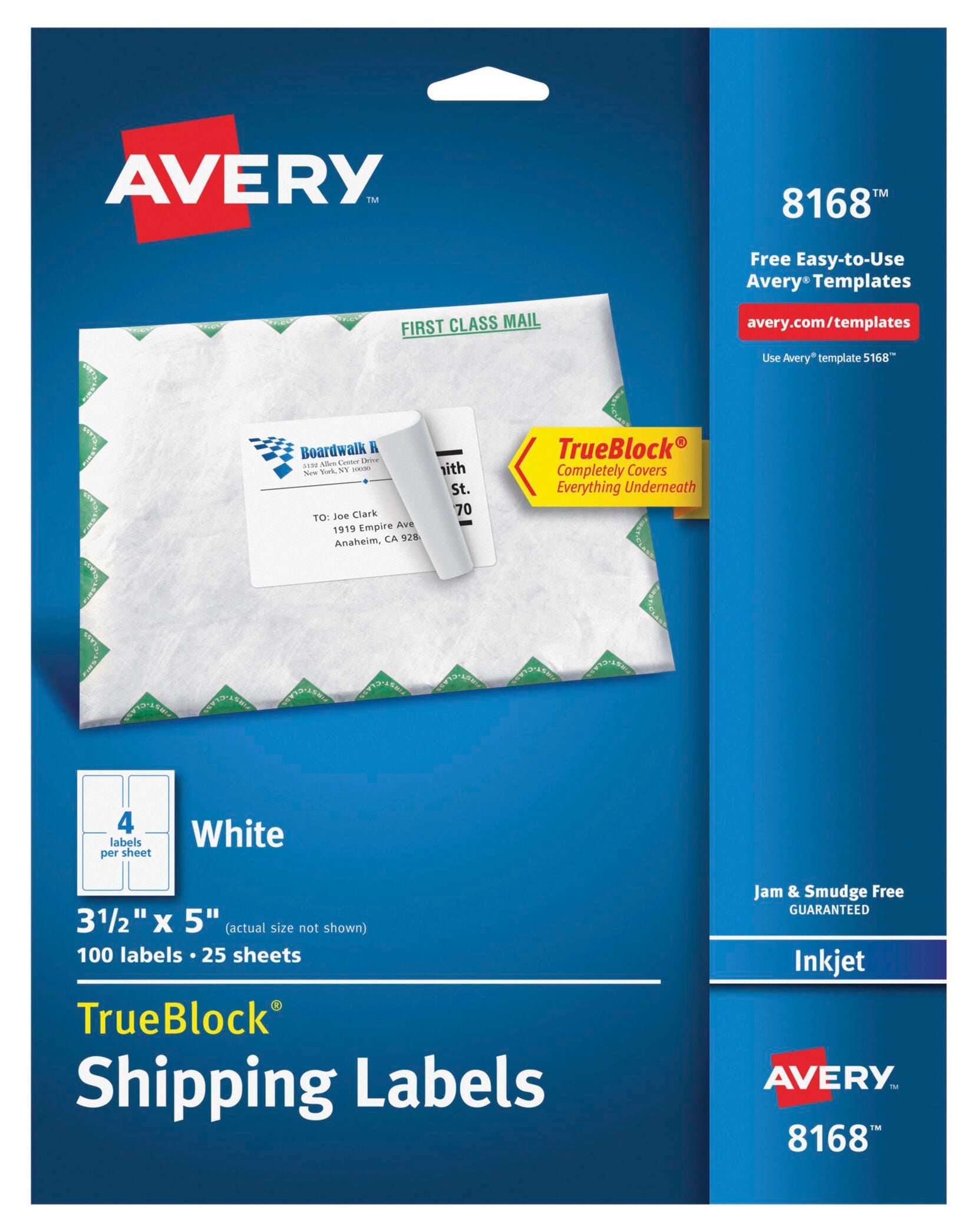 Image for Avery TrueBlock Shipping Labels, Inkjet, 3-1/2 x 5 Inches, White, Pack of 100 from School Specialty