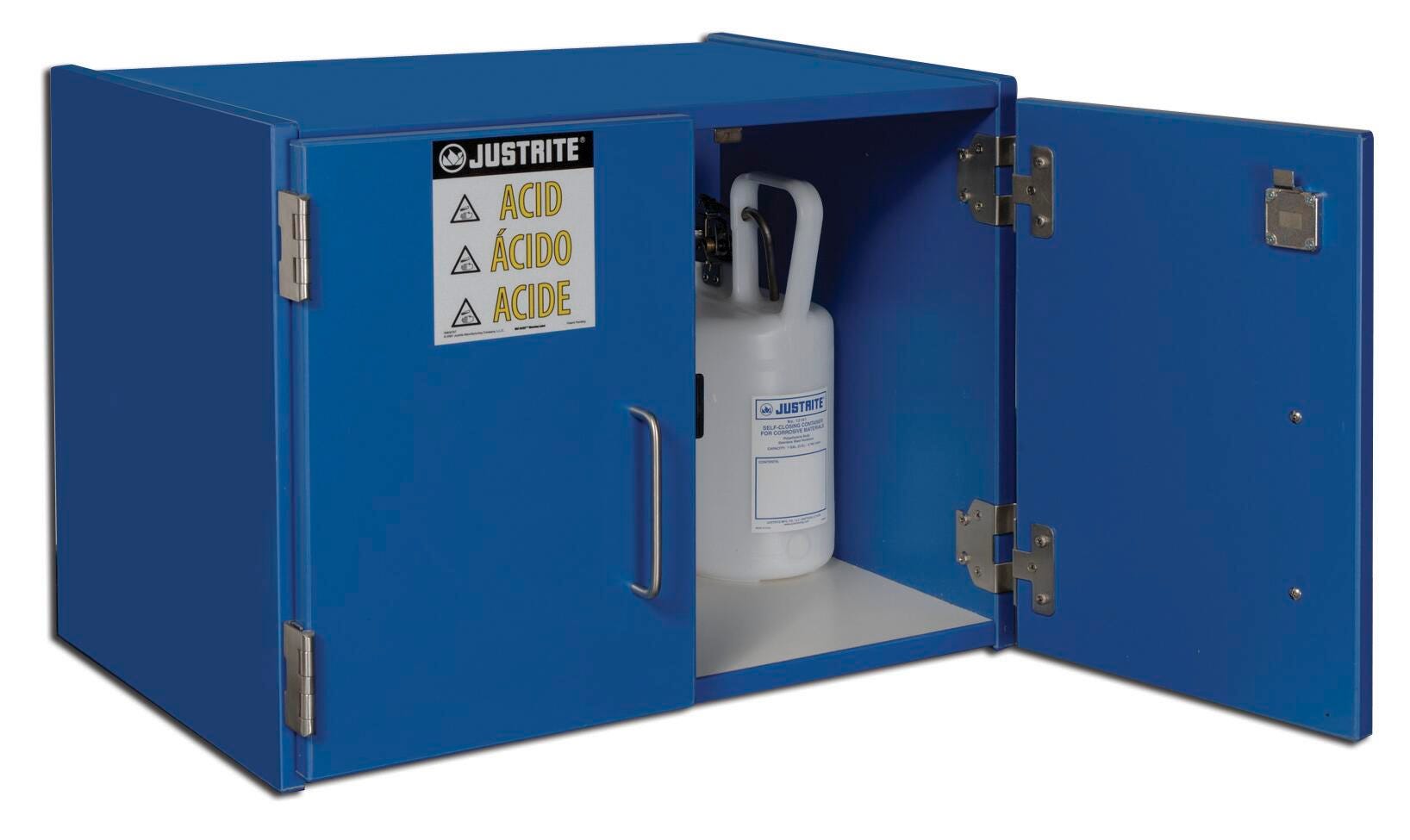 Justrite Corrosive Storage Cabinet, 24 x 16 x 18-1/2 Inches, 4 gal, Wood, Blue 528446