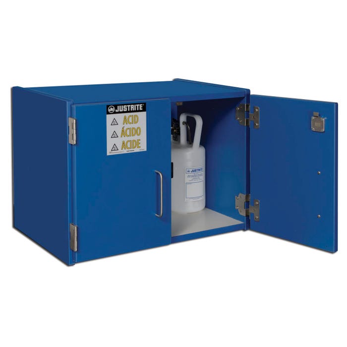 Justrite Corrosive Storage Cabinet, 24 x 16 x 18-1/2 Inches, 4 Gallon, Wood, Blue