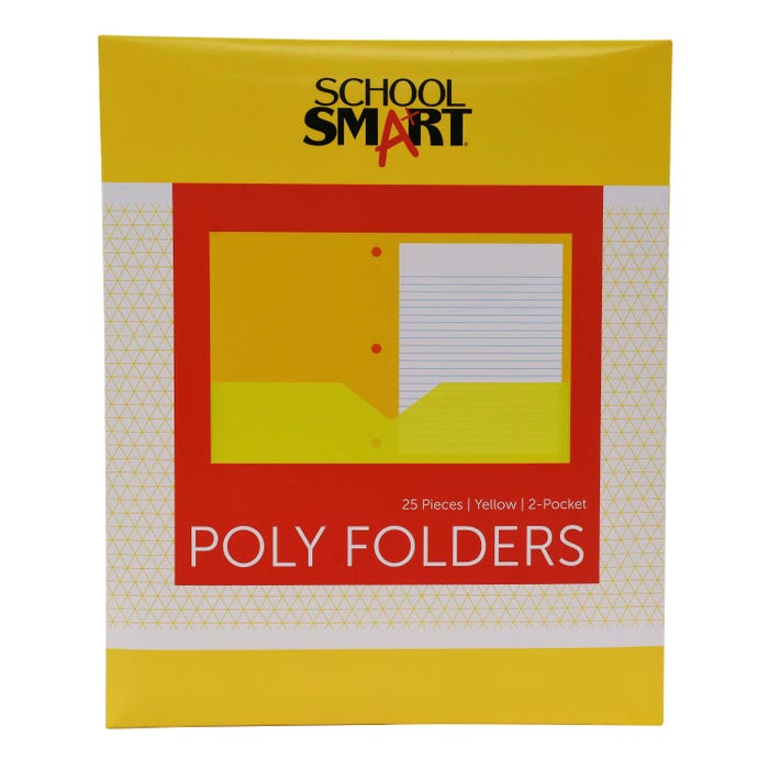 School Smart 2-Pocket Poly Folders, Letter Size, 3-Hole Punch, Yellow, Pack of 25
