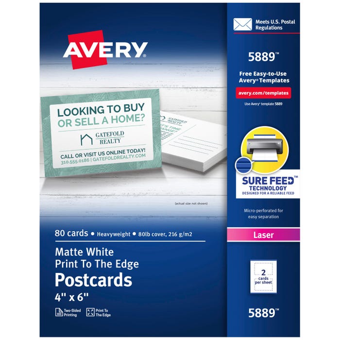 Avery® Printable Postcards with Sure Feed Technology, 4 x 6 Inches, White, Pack of 80