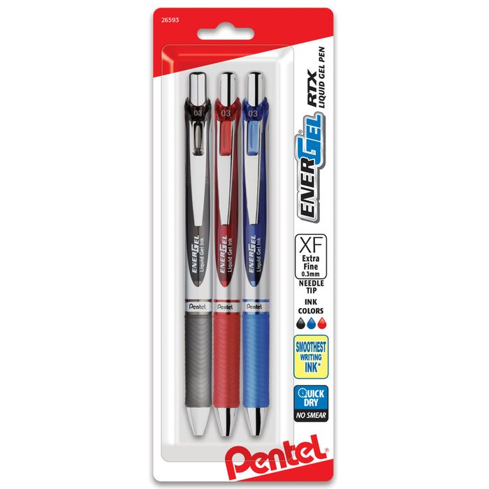 Pentel EnerGel RTX Retractable Liquid Gel Pen, 0.3 mm Needle Tip, Assorted Ink, Pack of 3