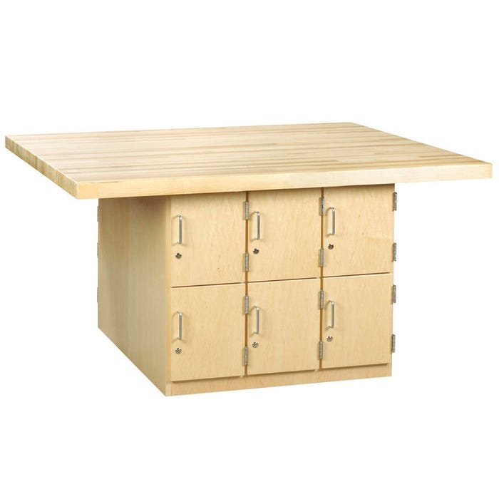 Diversified Spaces Forum Fixed Four-Station Workbench, 12 Lockers, 4 Vises, 64 x 54 x 32-1/4 Inches, Maple