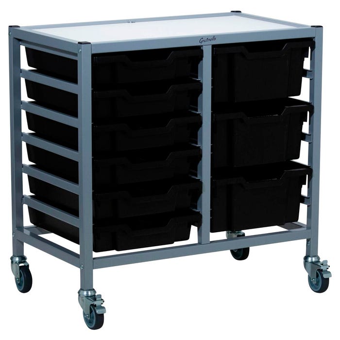 Gratnells Dynamis Low Double Cart, 6 Shallow F1 and 3 Deep F2 Trays, 28 x 16-3/5 x 28-1/5 Inches