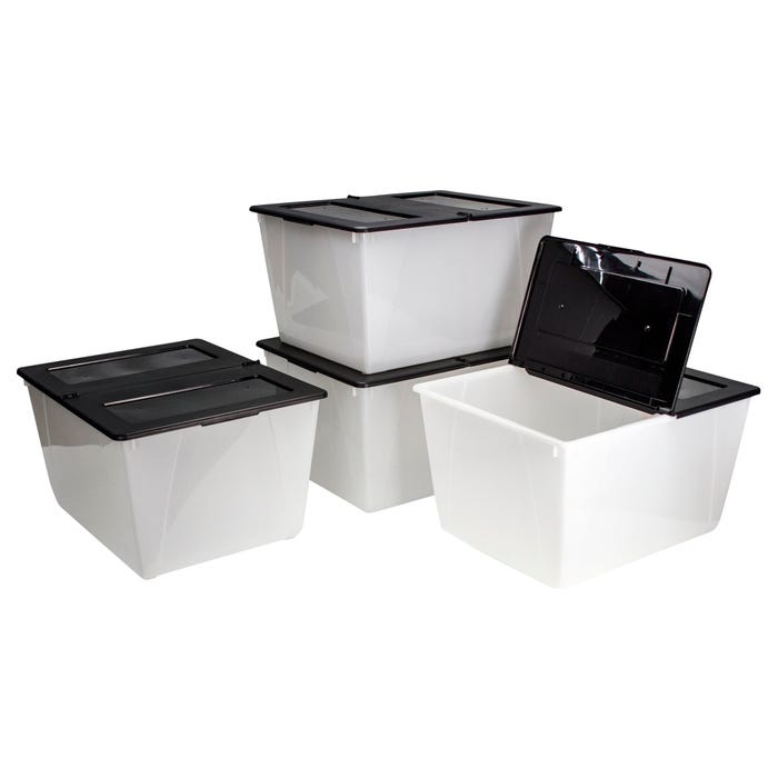 Storex Storage Bins, 16 Gallons, Clear with Black Lid, Pack of 4