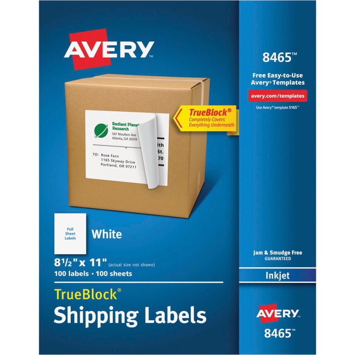 Avery TrueBlock Full Sheet Label, Inkjet, 8-1/2 x 11 Inches, White, Pack of 100