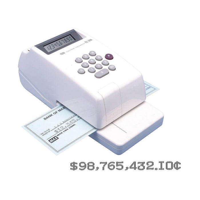 Max USA 10-Digit Electronic Check Writer, Platinum Gray, 3-4/5 x 4-2/5 x 9-1/10 Inches