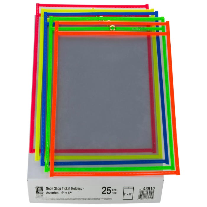 C-Line Shop Ticket Holders, 9 x 12 Inches, Assorted Neon Colors, Pack of 25