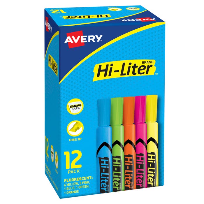 Avery Hi-Liter Desk Style Highlighters, Chisel Tip, Assorted, Set of 12