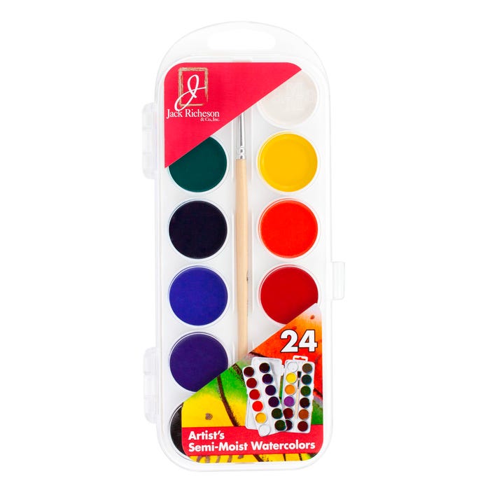 Jack Richeson Non-Toxic Semi-Moist Artists Watercolor Paint, 24 Assorted Vibrant Colors