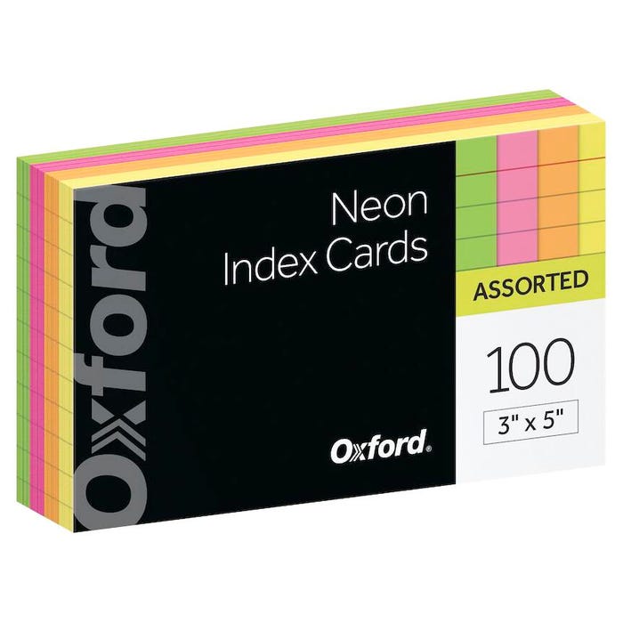 Oxford Neon Ruled Index Card, 3 x 5 Inches, Assorted Colors, Pack of 100