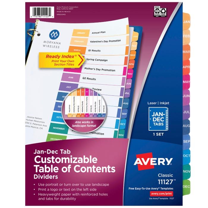 Avery Ready Index Dividers, 12 Tab, Jan-Dec, Assorted Colors, 1 Set