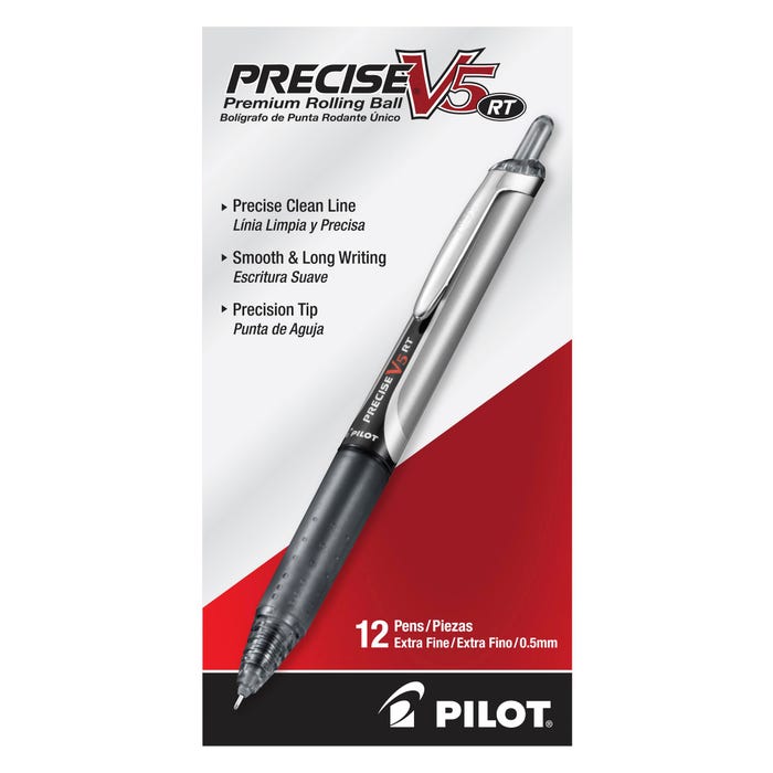 Pilot Precise V5 RT Premium Retractable Rolling Ball Pens, Extra Fine Point, Black Ink, Pack of 12