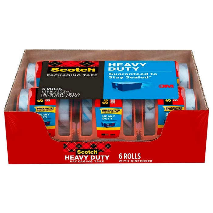 Scotch Heavy Duty Packaging Tape with Dispensers, 1.88 x 800 Inches, Clear, Pack of 6