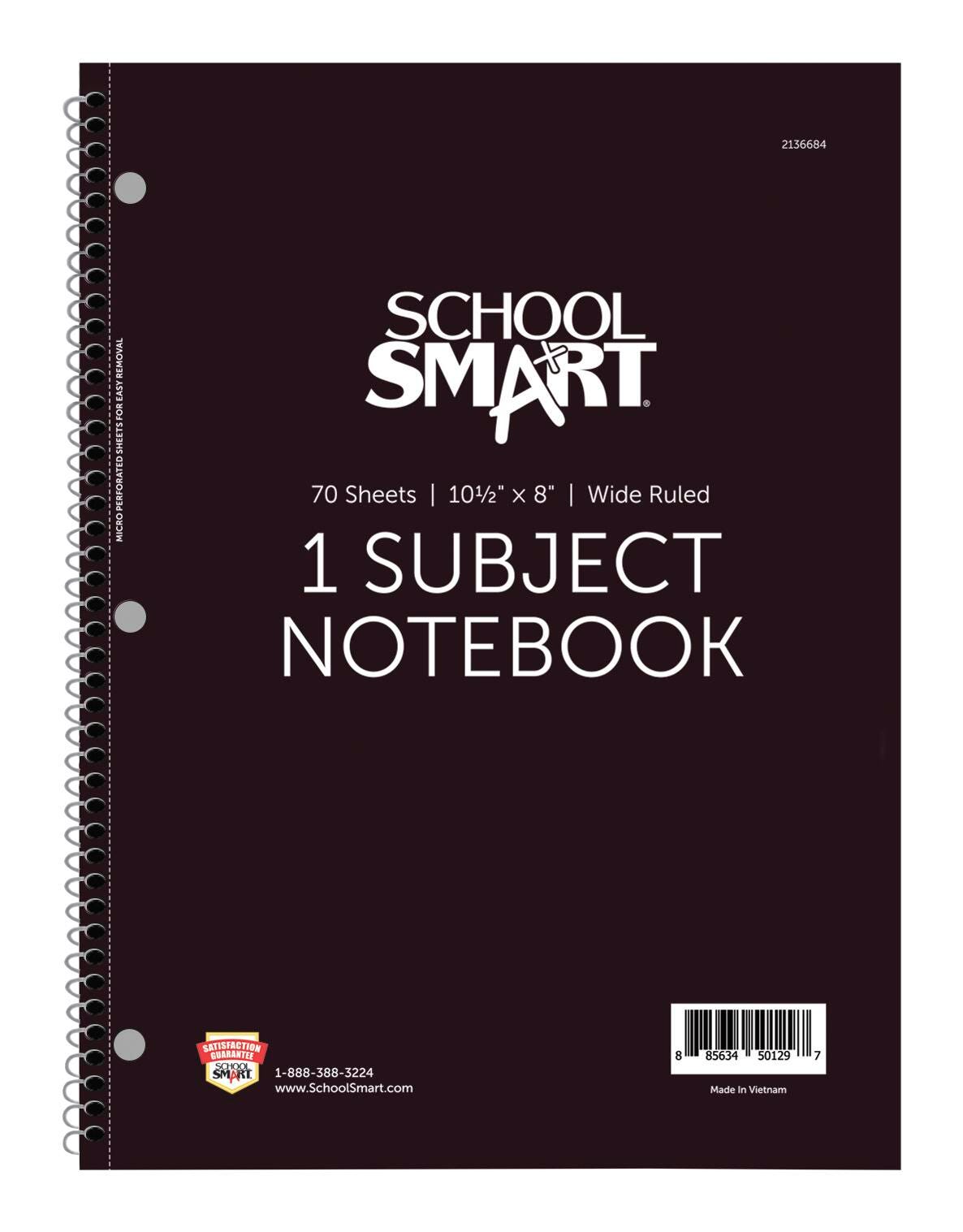 School Smart Wide Ruled Spiral Notebook, 8 x 10-1/2 Inches, 1 Subject, Black, 70 Sheets 2136684
