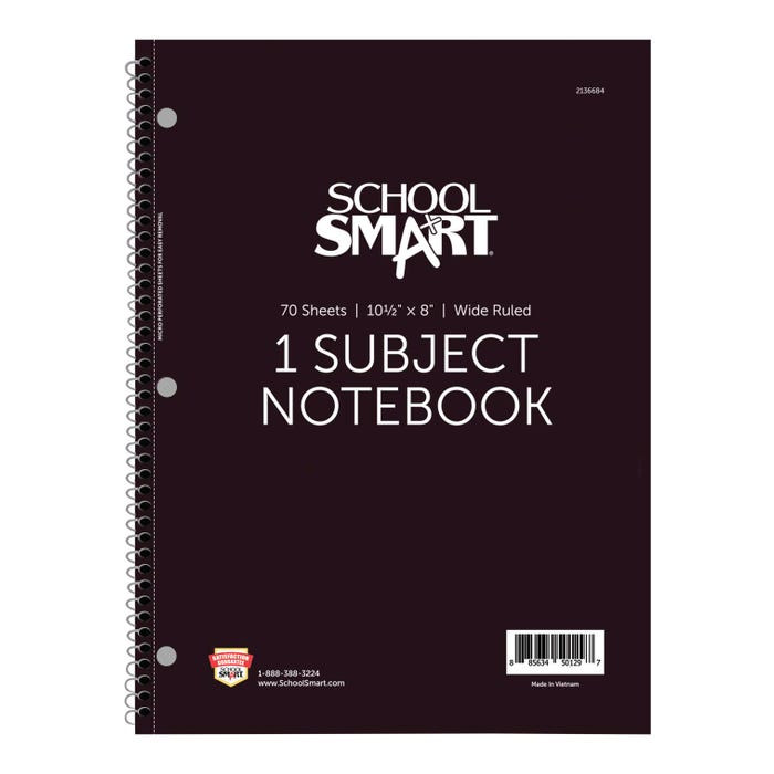 School Smart Wide Ruled Spiral Notebook, 8 x 10-1/2 Inches, 1 Subject, Black, 70 Sheets