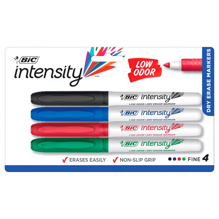 BIC Intensity Low Odor Dry Erase Marker, Fine Tip, Assorted Colors, Set of 4